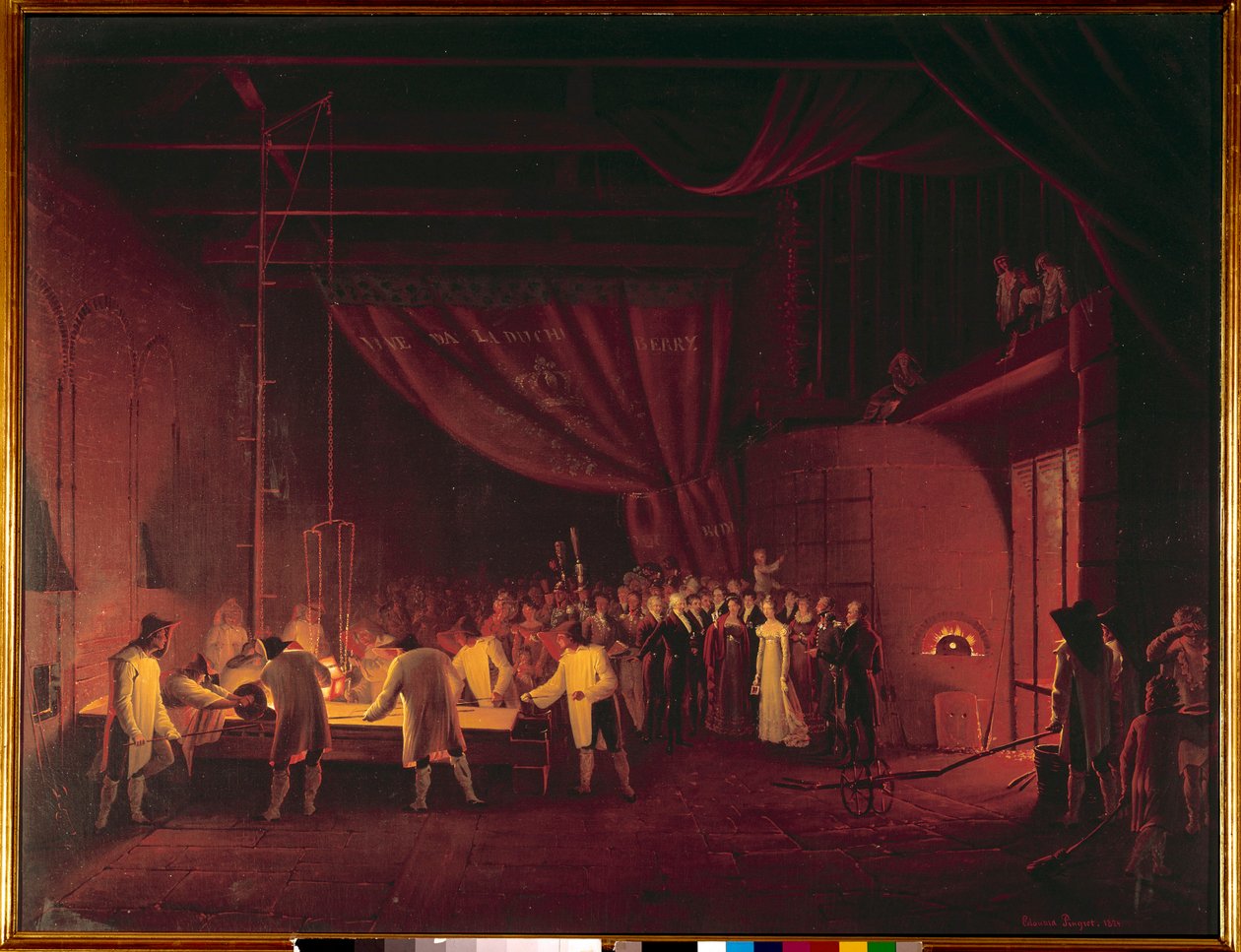 Marie Caroline de Bourbon Sycylia, księżna Berry (1798-1870), odwiedziła fabryki Saint Gobain w 1822 r. Robotnicy wykonali odlew ze szkła. Obraz Edouarda Pingreta (1788-1875) 1824 Ze zbiorów prywatnych autorstwa Edouard Pingret
