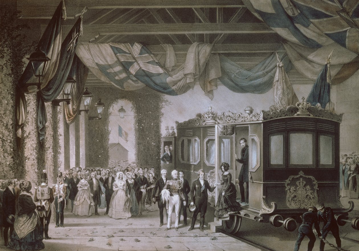Królowa Wiktoria (1819-1901) i Książę Albert (1819-61) Przybywają do Gosport Station w Hampshire, grawerowane przez Bayot i Cuvilier, 1846 autorstwa Edouard Pingret