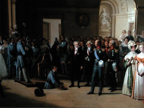 Wizyta cara Aleksandra I (1777-1825) w paryskim hotelu La Monnaie 25 maja 1814 r. autorstwa Edouard Pingret