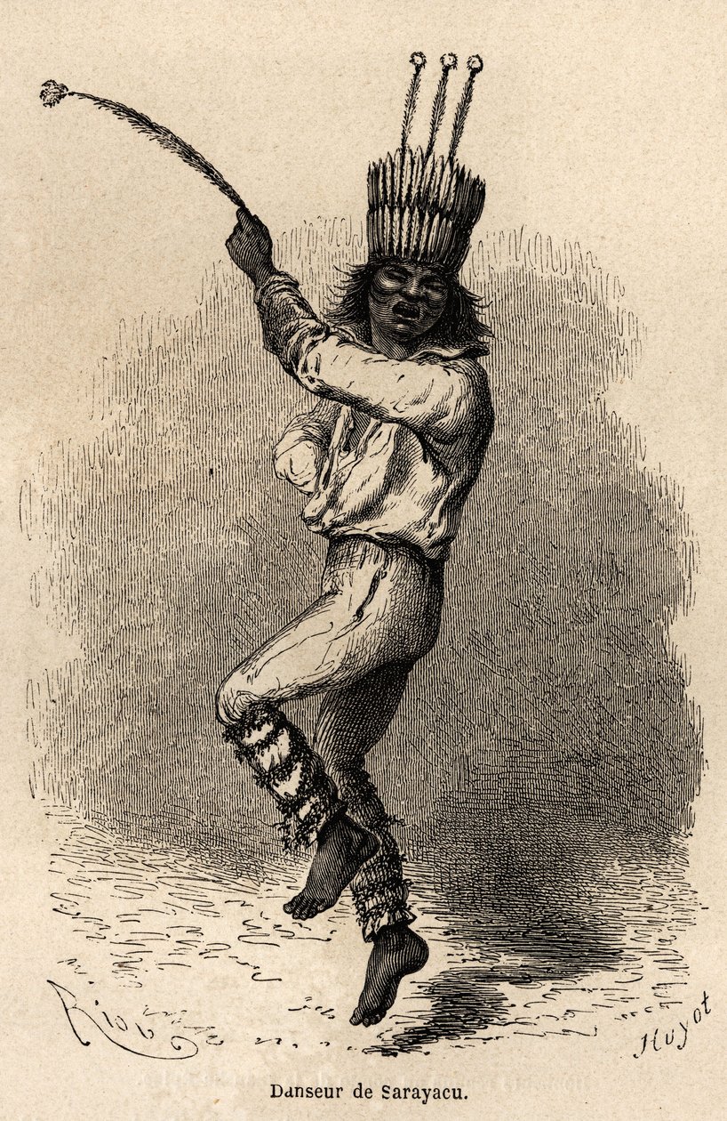 Tancerka w Sarayacu (Peru), rysunek autorstwa Riou, ilustrujący podróż Paula Marcoya z Oceanu Spokojnego do Oceanu Atlantyckiego w latach 1848-1860. Grawer w „”Le tour du monde””, pod redakcją Edouarda Chartona autorstwa Edouard Riou