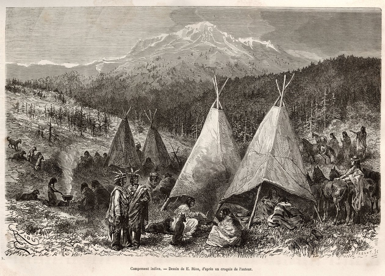 Obóz indiański na terytorium stanu Utah, nad brzegiem Riviere Verte. Grawerowanie według rysunku E.Riou, aby zilustrować historię La conquete blanche, autorstwa Williama Hepwortha Dixona, w 1875 r., opublikowane w „” Le tour du monde””” 1876, pod redakcją  autorstwa Edouard Riou