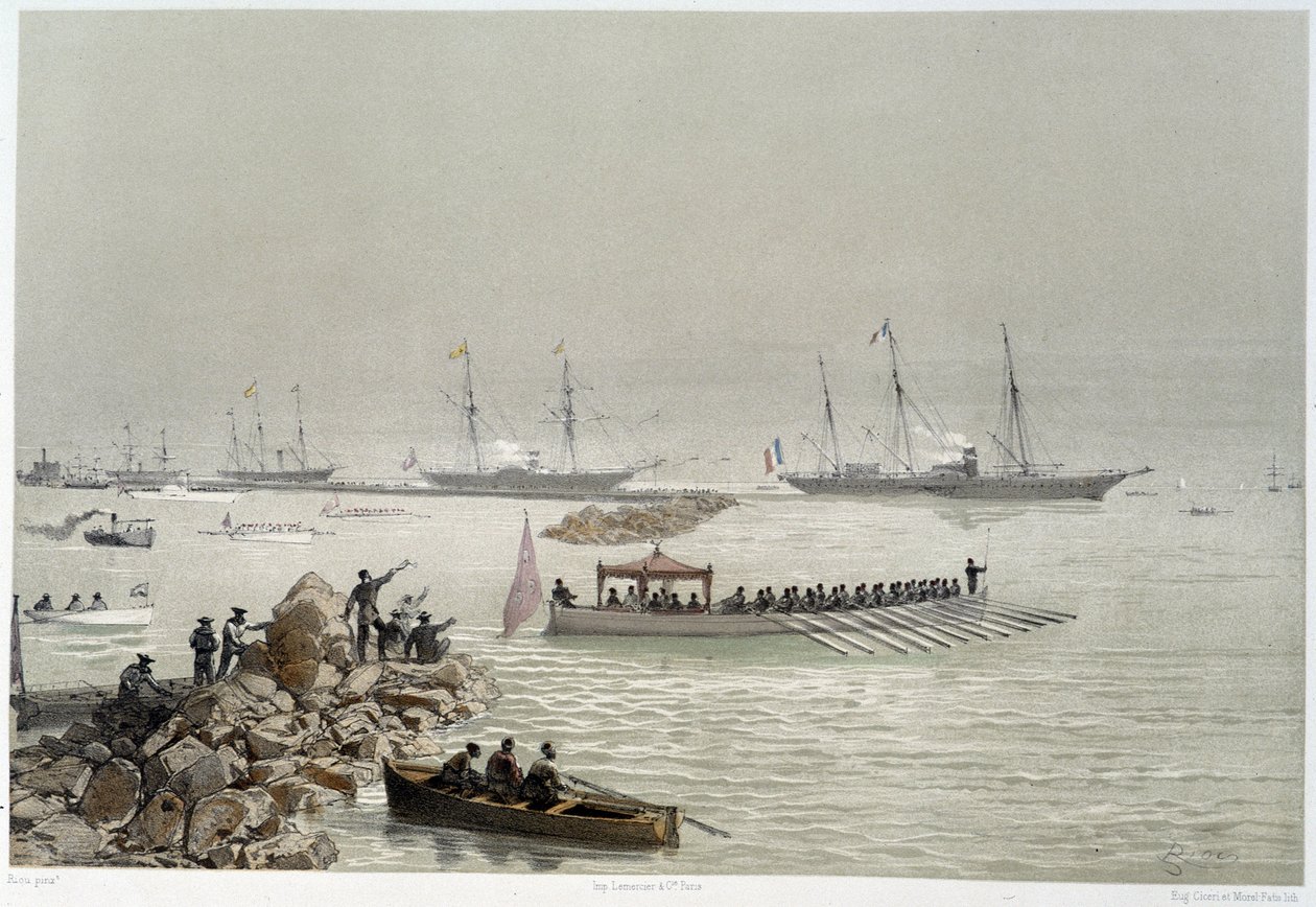 Przybycie władców do Suezu w „”Inauguracji Kanału Sueskiego przez G. Nicole. 1869 autorstwa Edouard Riou