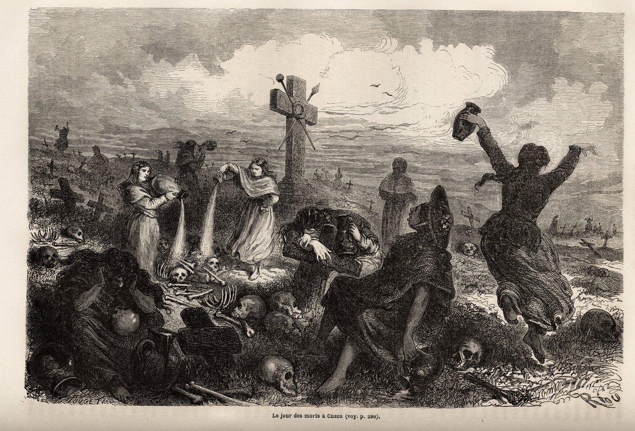 Obchody fete des morts w Cuzco, rysunek Riou, ilustrujący podróż Paula Marcoya przez Amerykę Południową w latach 1848-1860. Rycina w „Le tour du monde” pod redakcją Edouarda Chartona autorstwa Edouard Riou
