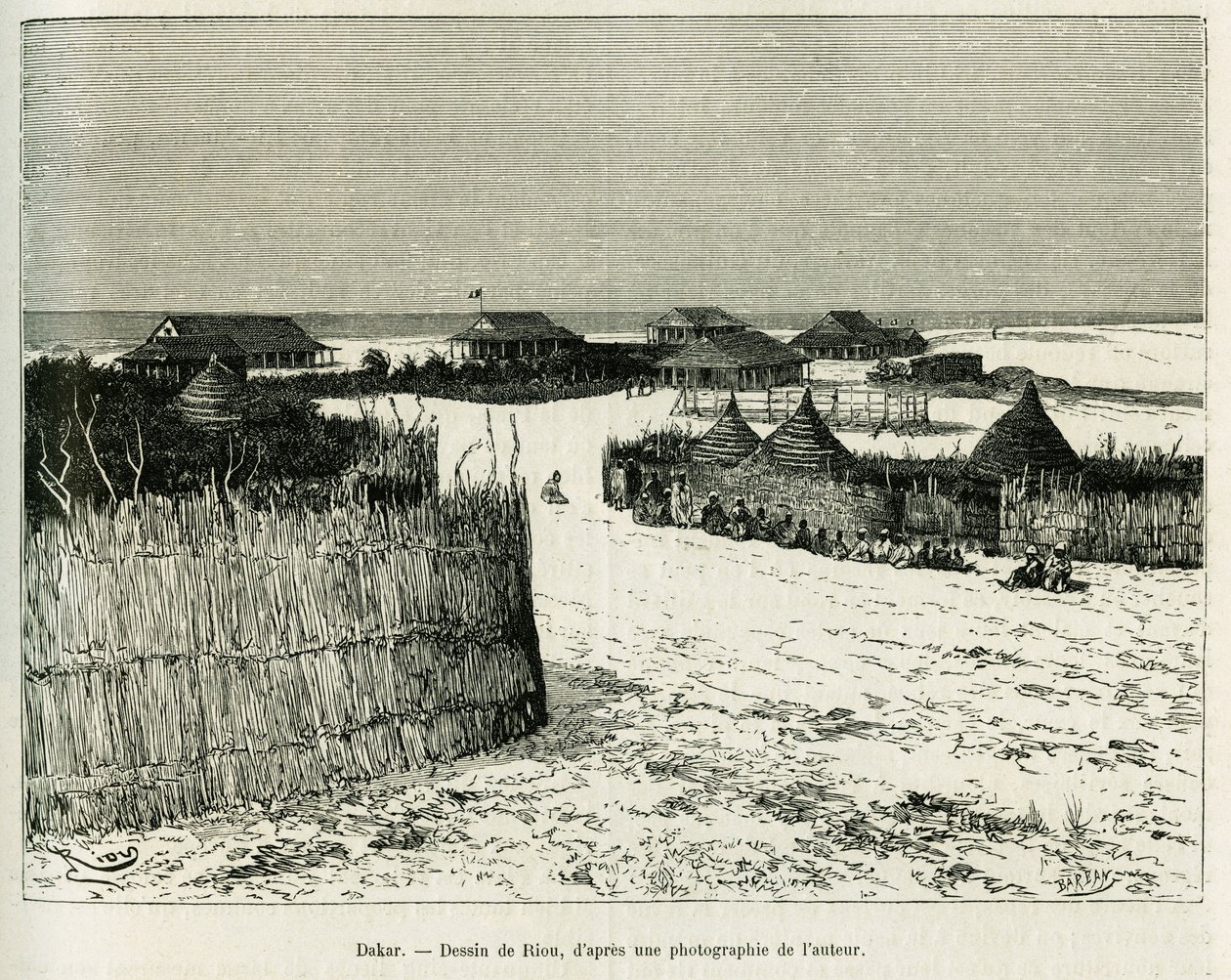 Dakar. Grawerowanie wykonane przez Riou dla zilustrowania opowieści Emile Blairaux, Voyage a la Plata, trzy miesiące wakacji w 1886, w tour du monde 1887, pod kierownictwem Edouarda Chartona (1807-1890), Hachette, Paryż. autorstwa Edouard Riou