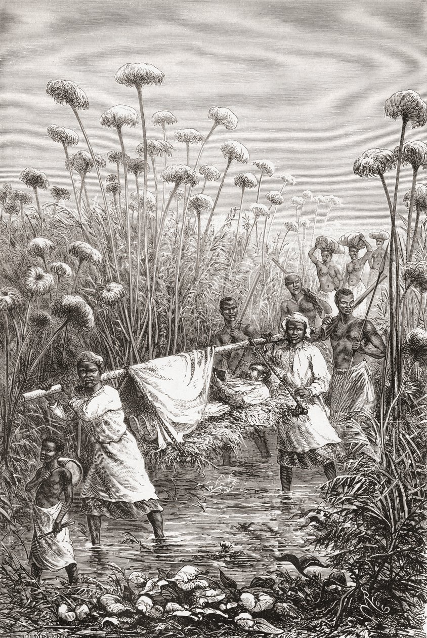 Dr David Livingstone niesiony ostatnie kilka mil do wioski Tchitammbo w Afryce, na krótko przed śmiercią, ilustracja z „Świata w rękach”, grawerowana przez Henri Theophile Hildibranda autorstwa Edouard Riou
