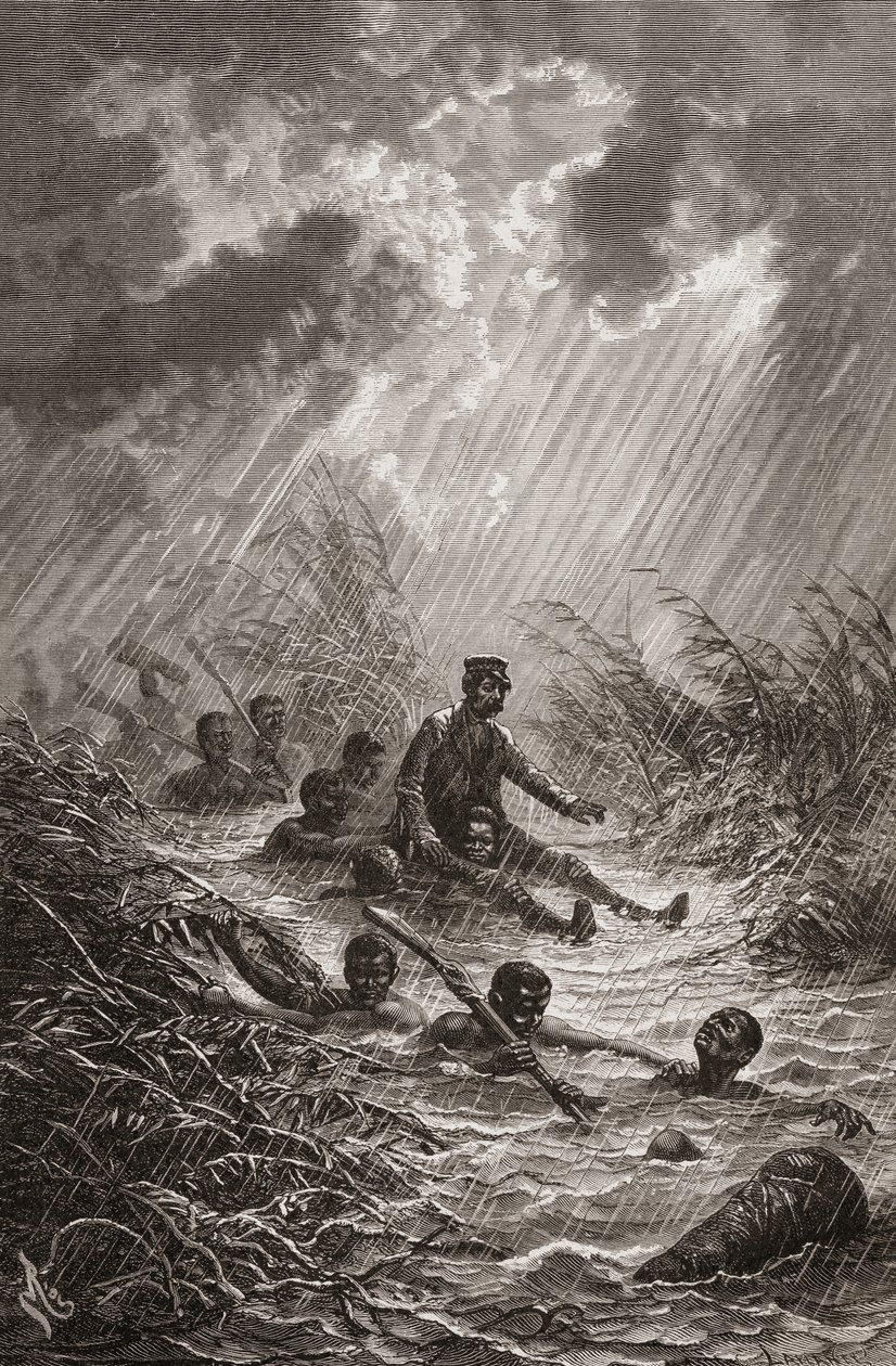 Dr David Livingstone przenoszony przez bagno przez tragarzy podczas wyprawy do Afryki w 1872 r., ilustracja z „Świata w rękach”, grawerowana przez Charlesa Laplante autorstwa Edouard Riou