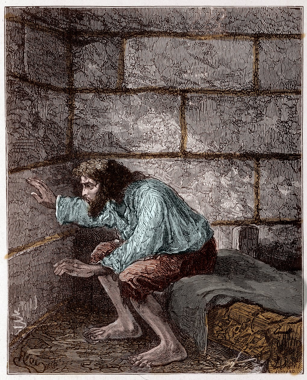 Edmond Dantes, aka Hrabia Monte Christo (Monte Cristo) w swoim więzieniu - Grawerowanie przez Riou, w „Hrabia Monte-Cristo” Aleksandra Dumasa autorstwa Edouard Riou