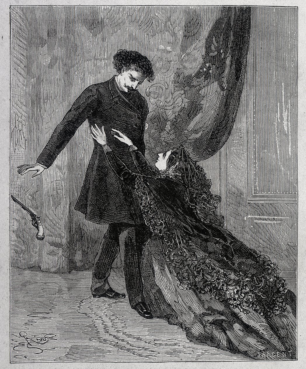 Edmond Dantes et Mercedes - Grawerowanie autorstwa Riou, w „”Hrabia Monte Christo”” (Monte-Cristo) Alexandre Dumas pere (1802-1870), wyd. Jules Rouff i Cie autorstwa Edouard Riou