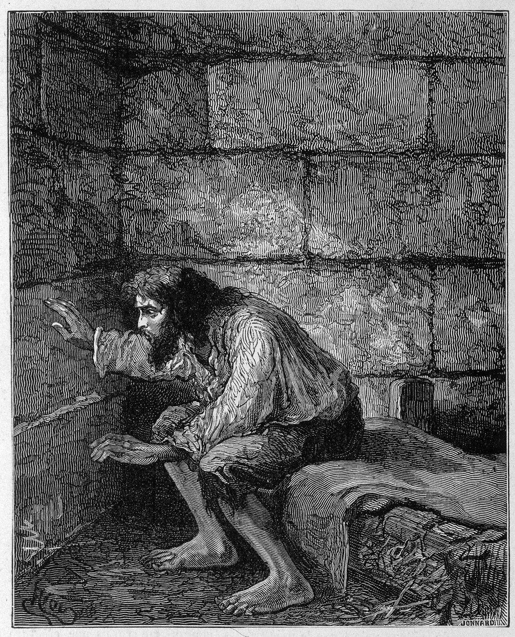 Edmond Dantes, hrabia Monte Christo (Monte Cristo) w swoim więzieniu - Grawerowanie autorstwa Riou, w „La Comte de Monte-Cristo” Alexandre Dumas, Rouff & Cie autorstwa Edouard Riou