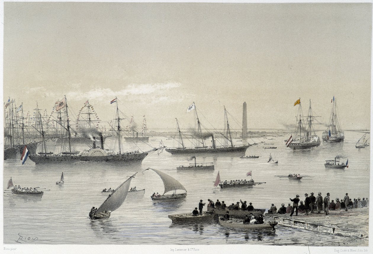Wejście Władcy do Kanału Sueskiego w Port Saidzie w „Inauguracji Kanału Sueskiego przez G. Nicole. 1869 autorstwa Edouard Riou