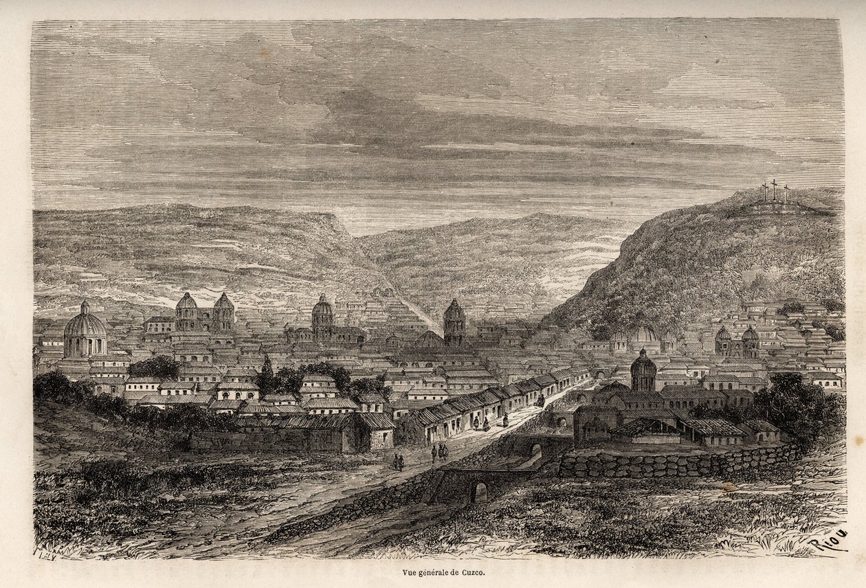 Widok ogólny Cusco lub Cusco, dawnej stolicy Inków, rysunek Riou, ilustrujący podróż Paula Marcoya przez Amerykę Południową w latach 1848-1860. Rycina w „”Le tour du monde””, pod redakcją Edouarda Chartona autorstwa Edouard Riou
