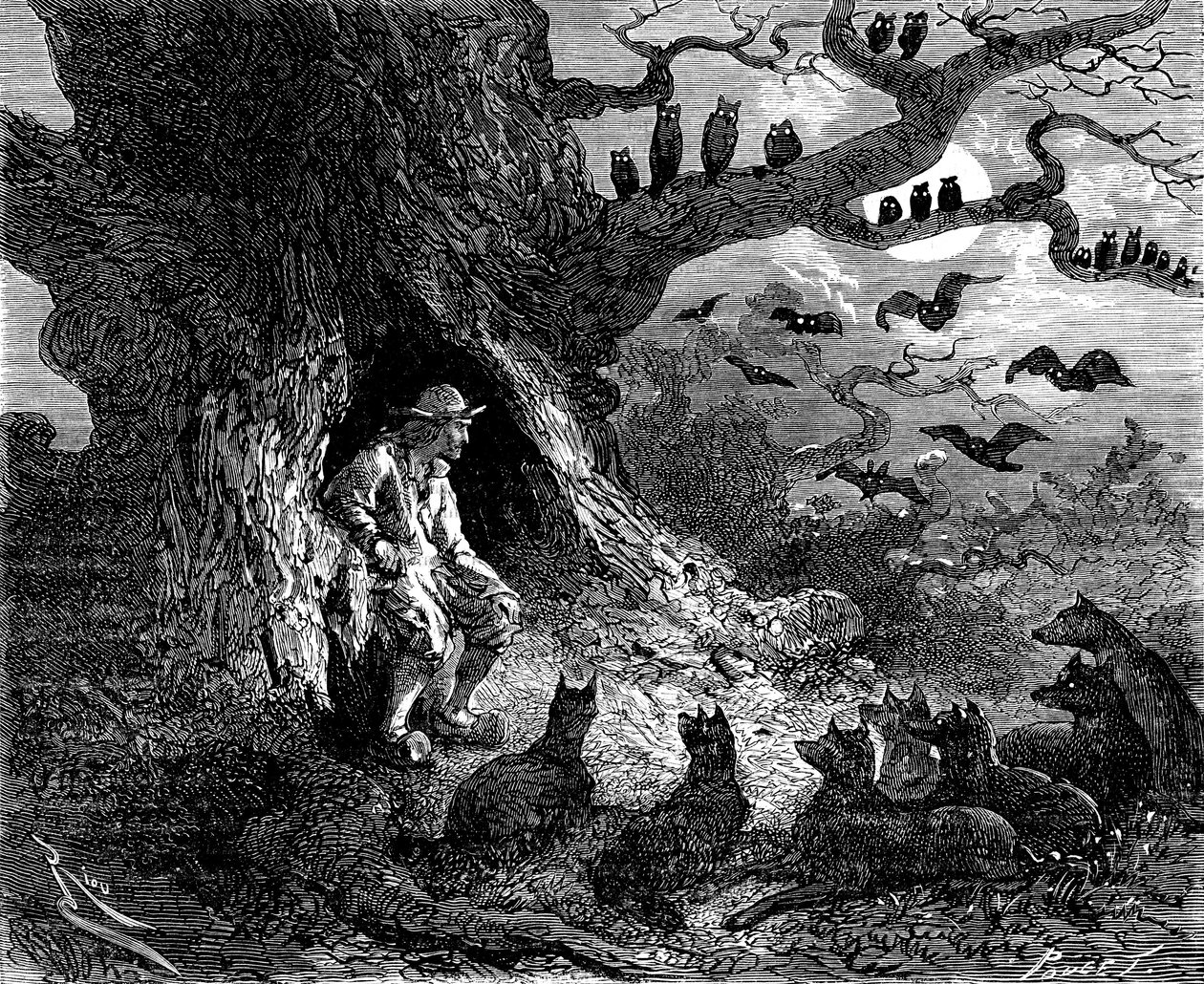 Ilustracja do powieści Aleksandra Dumasa „Le leader de loups”: Thibault wydawał się być centrum piekielnego kręgu, XIX wiek autorstwa Edouard Riou