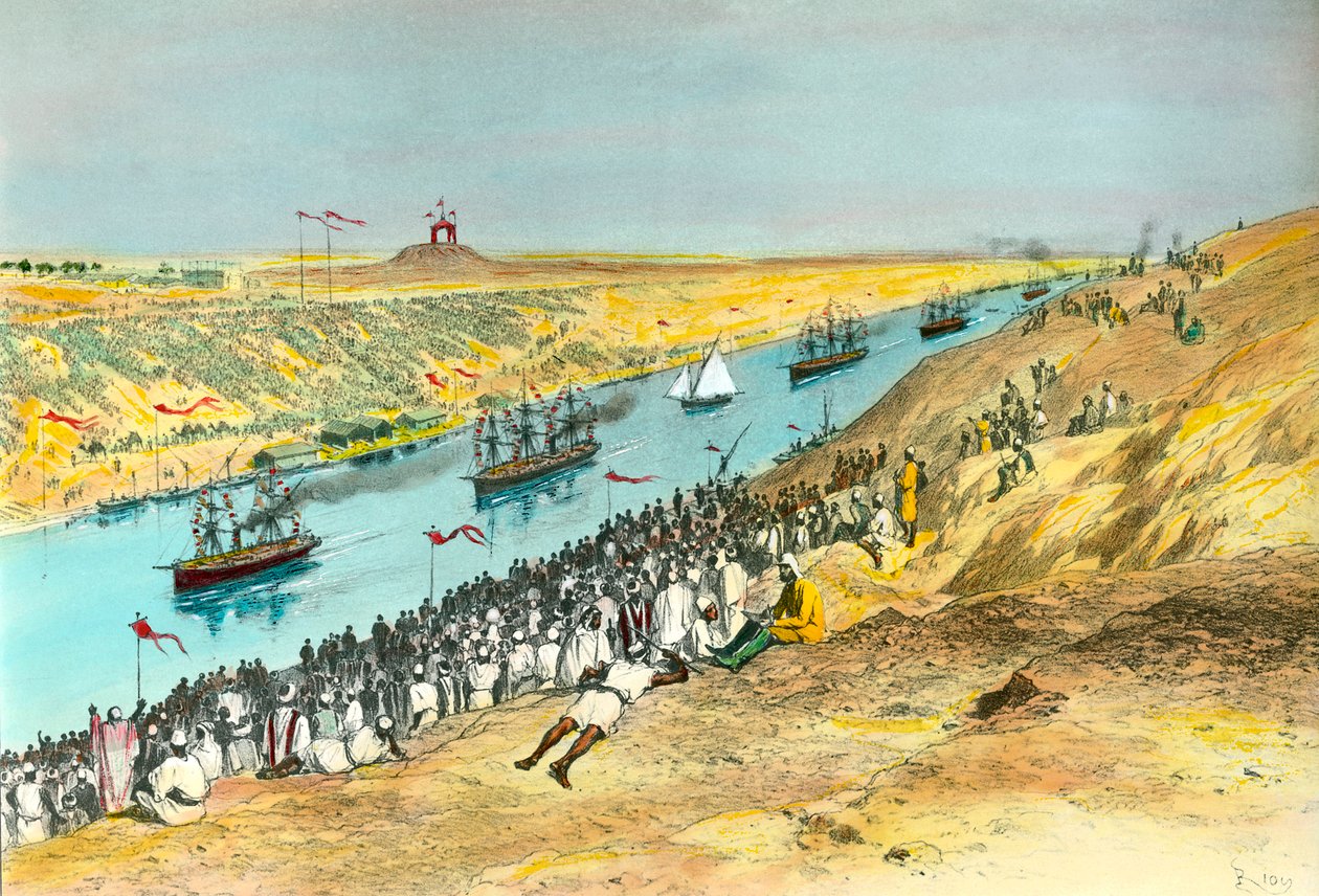 Inauguracja Kanału Sueskiego Kanał powstał w celu połączenia Morza Czerwonego z Morzem Śródziemnym. Ilustracja Edouarda Riou (1833-1900) 1869 Kolekcja prywatna autorstwa Edouard Riou