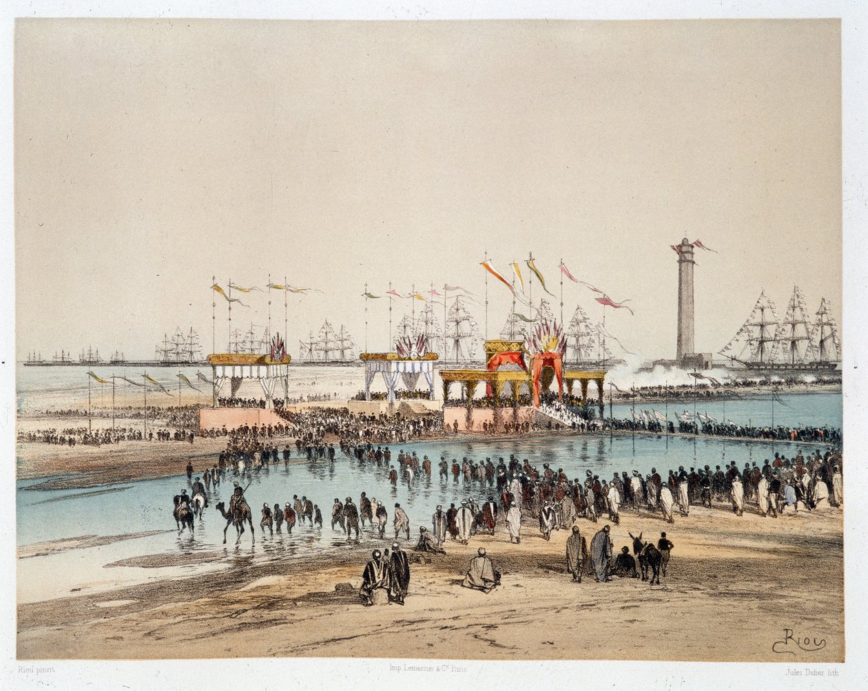 Inauguracja Kanału Sueskiego w Port-Said (Port powiedział) - w „Przez Przesmyk Sueski” Riou, Marius Fontaine autorstwa Edouard Riou