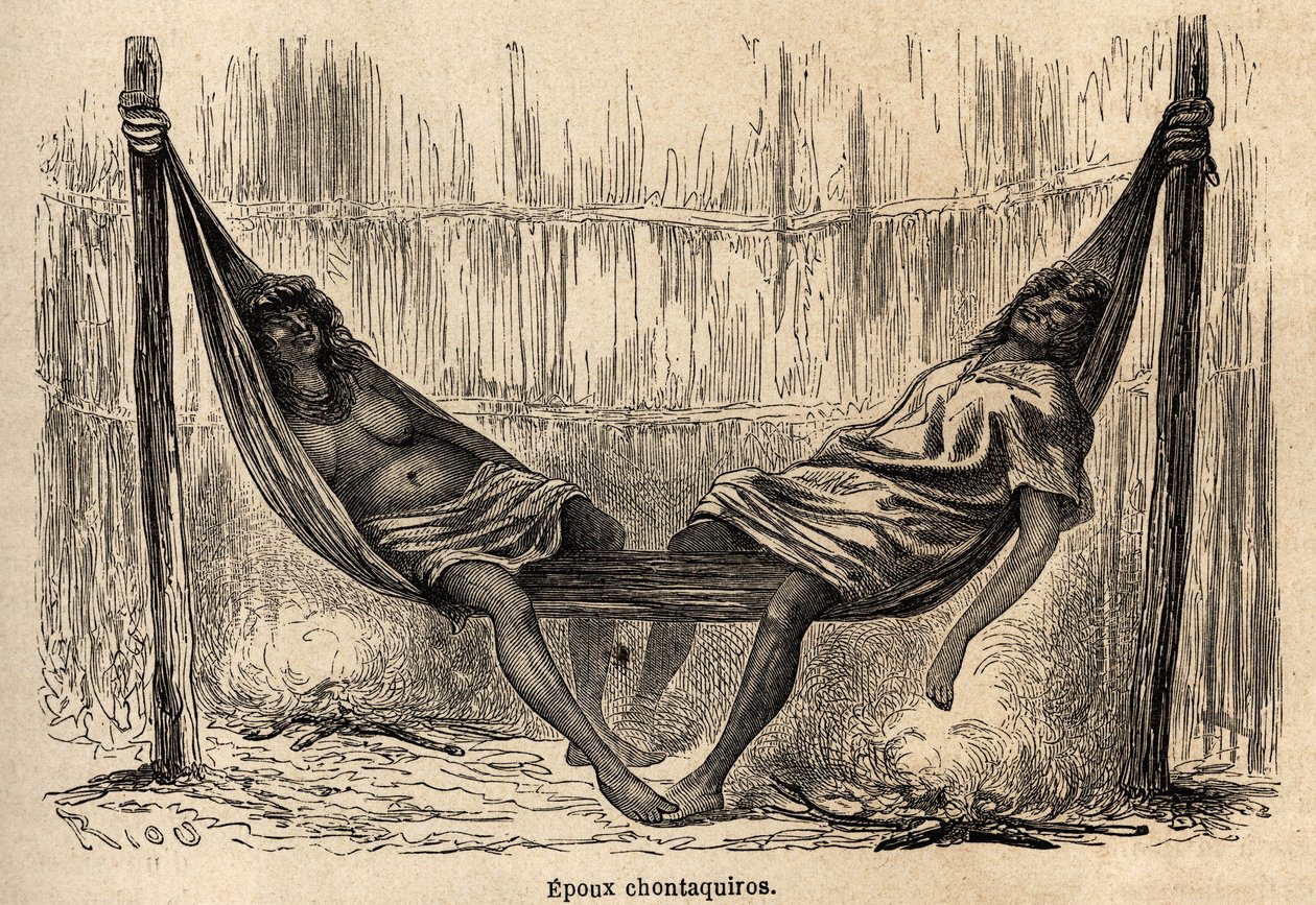 Indyjscy mężowie, Chontaquiros z Peru, śpiący w swoim ślubnym hamaku, narysowany przez Riou, aby zilustrować podróż P. Marcoya w latach 1848-1860 z Oceanu Spokojnego do Oceanu Atlantyckiego. Grawerowanie w „”Le tour du monde””, pod redakcją Edouarda Charto autorstwa Edouard Riou