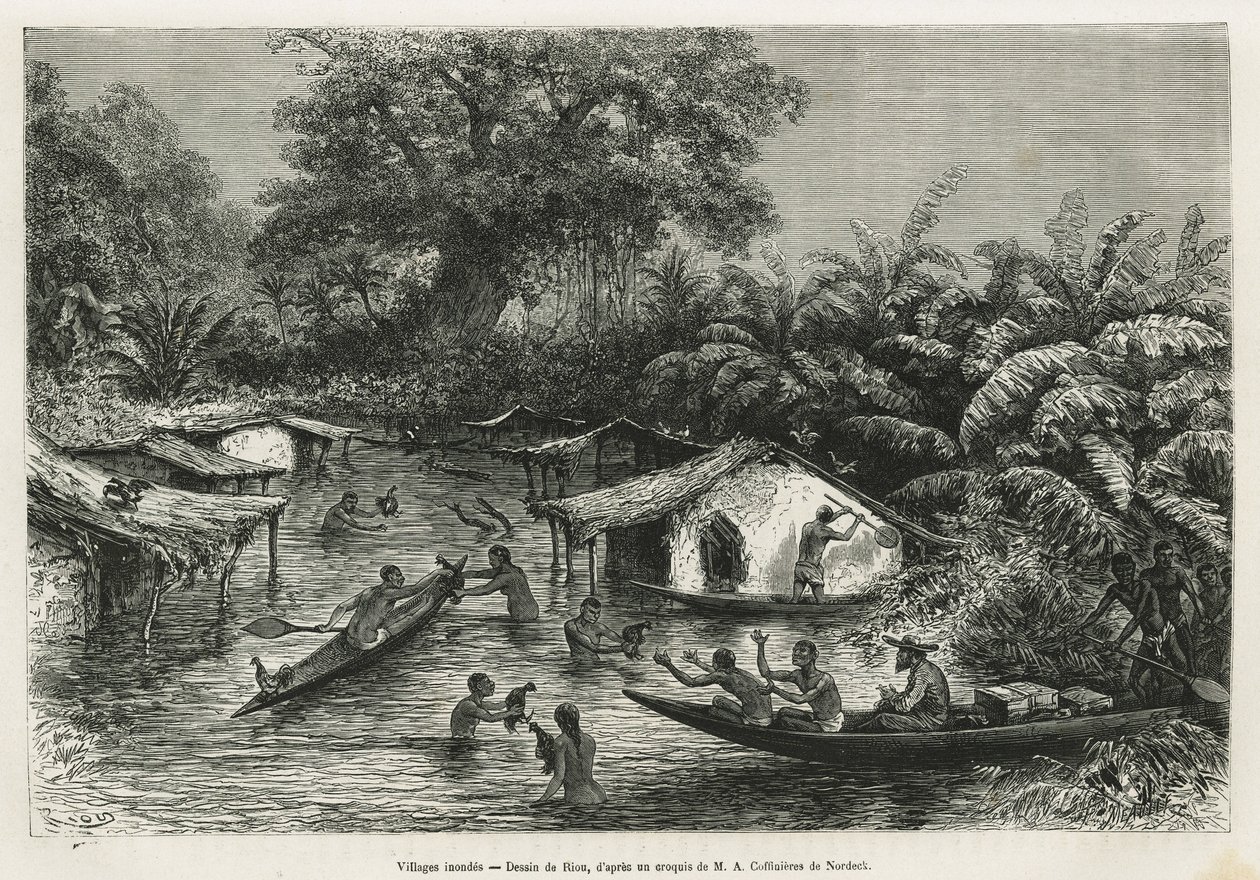 Wioski Inondes, rysunek Riou, ilustrujący historię podróży do Gabonu i rzeki Ogoue w latach 1875-1877 autorstwa Alfreda Marche. Grawerowanie w Le tour du monde autorstwa Edouard Riou