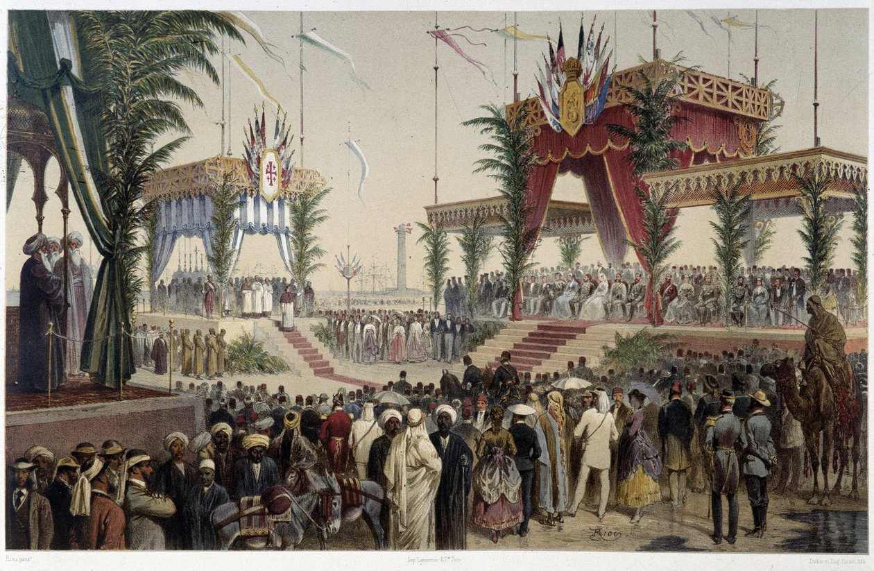 La Tribune des suweren w „”Inauguracji Kanału Sueskiego przez G. Nicole. 1869 autorstwa Edouard Riou