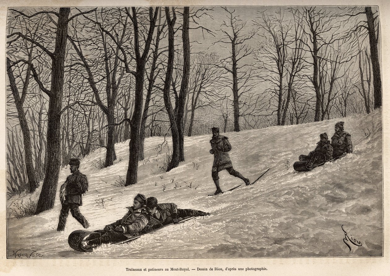 Luges et skaters au plateau du Mont-Royal, niedaleko Montrealu, rycina wg rysunku Riou, ilustrująca wycieczkę do Kanady i Riviere Rouge du nord, autorstwa H. De Lamotte, w 1873 r., opublikowana w „Le tour du monde” ”” 1875, pod redakcją Edouarda Chartona, autorstwa Edouard Riou