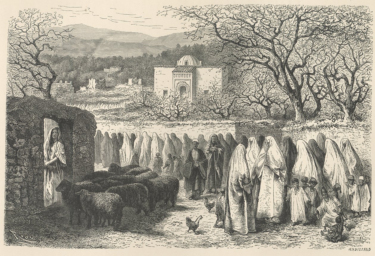 Marabout i Procesja: Tlemcen , grawerowane przez Henri Theophile Hildibrand (1824-97) autorstwa Edouard Riou