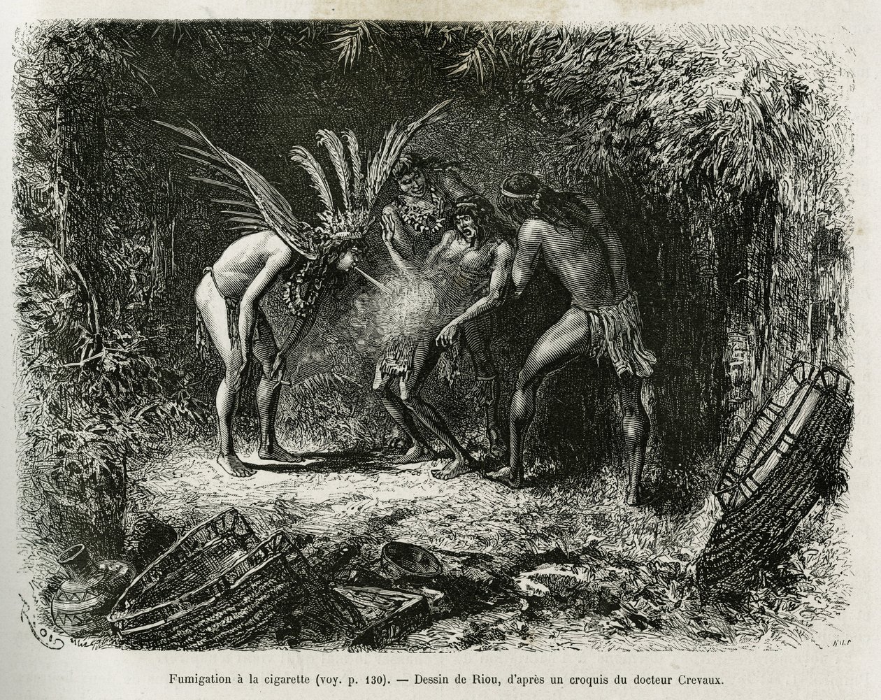Fumigacja medyczna papierosami u Indian Roucouyan. Grawerowanie autorstwa Riou, aby zilustrować historię Cayenne aux Andes, autorstwa Julesa Crevaux, lekarza marynarki francuskiej, w latach 1878-1879, opublikowanej w Tour du monde, pod kierunkiem Edouarda  autorstwa Edouard Riou