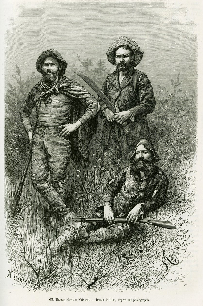 Członkowie ekspedycji: pan Thouar (wydłużenie), pan Novis (stojąc po lewej) i pan Valverde (stojąc po prawej). Grawerowanie wykonane przez Riou, aby zilustrować historię Voyage dans le Chaco Boreal autorstwa Edouard Riou