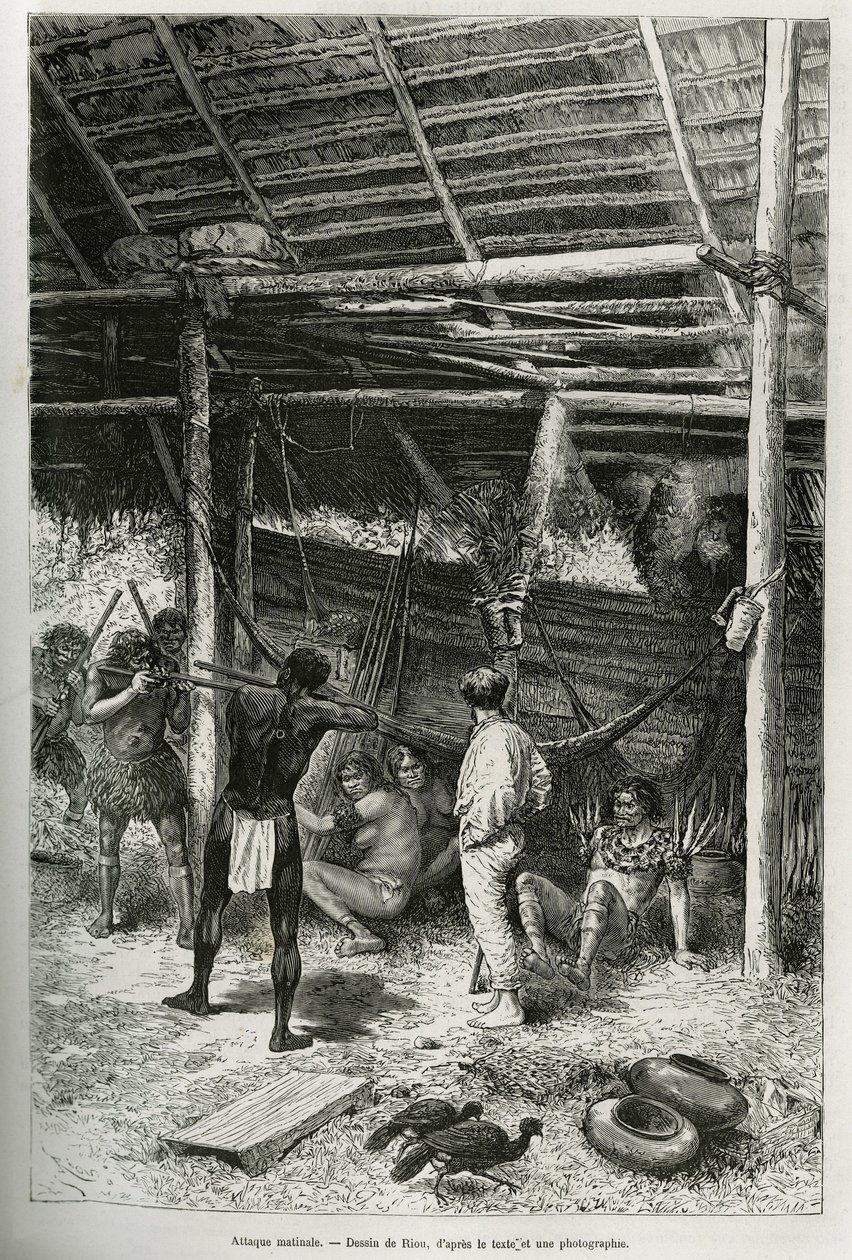 Poranny atak Indian z brzegów Amazonki na chatę odkrywcy. Rycina autorstwa Riou, ilustrująca historię Cayenne aux Andes, autorstwa Julesa Crevaux, lekarza marynarki francuskiej, w latach 1878-1879, opublikowana w Tour du monde, pod kierunkiem autorstwa Edouard Riou