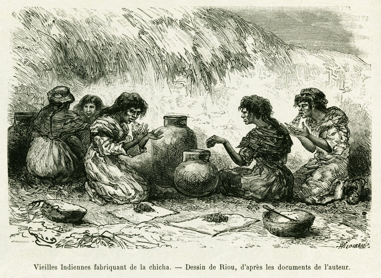 Stare Indyjskie Kobiety Robią Shisha. Grawerowanie autorstwa Riou, ilustrujące historię Podróż w delcie Pilcomayo i z Buenos Aires do Sucre autorstwa Edouard Riou