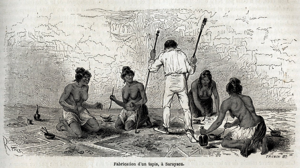 Paul Marcoy nauczył się robić dywan z wdowami z Sarayacu (Peru), rysunek autorstwa Riou, aby zilustrować podróż Paula Marcoya z Oceanu Spokojnego do Oceanu Atlantyckiego w latach 1848-1860. Grawerowanie w „” Le tour du monde””, pod redakcją przez Edouarda  autorstwa Edouard Riou