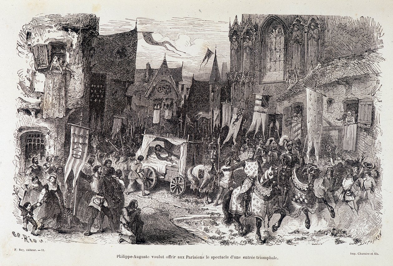 Philippe Auguste (Philippe-Auguste) chciał zaoferować paryżanom spektakl triumfalnego startu. sd. XII wiek autorstwa Edouard Riou