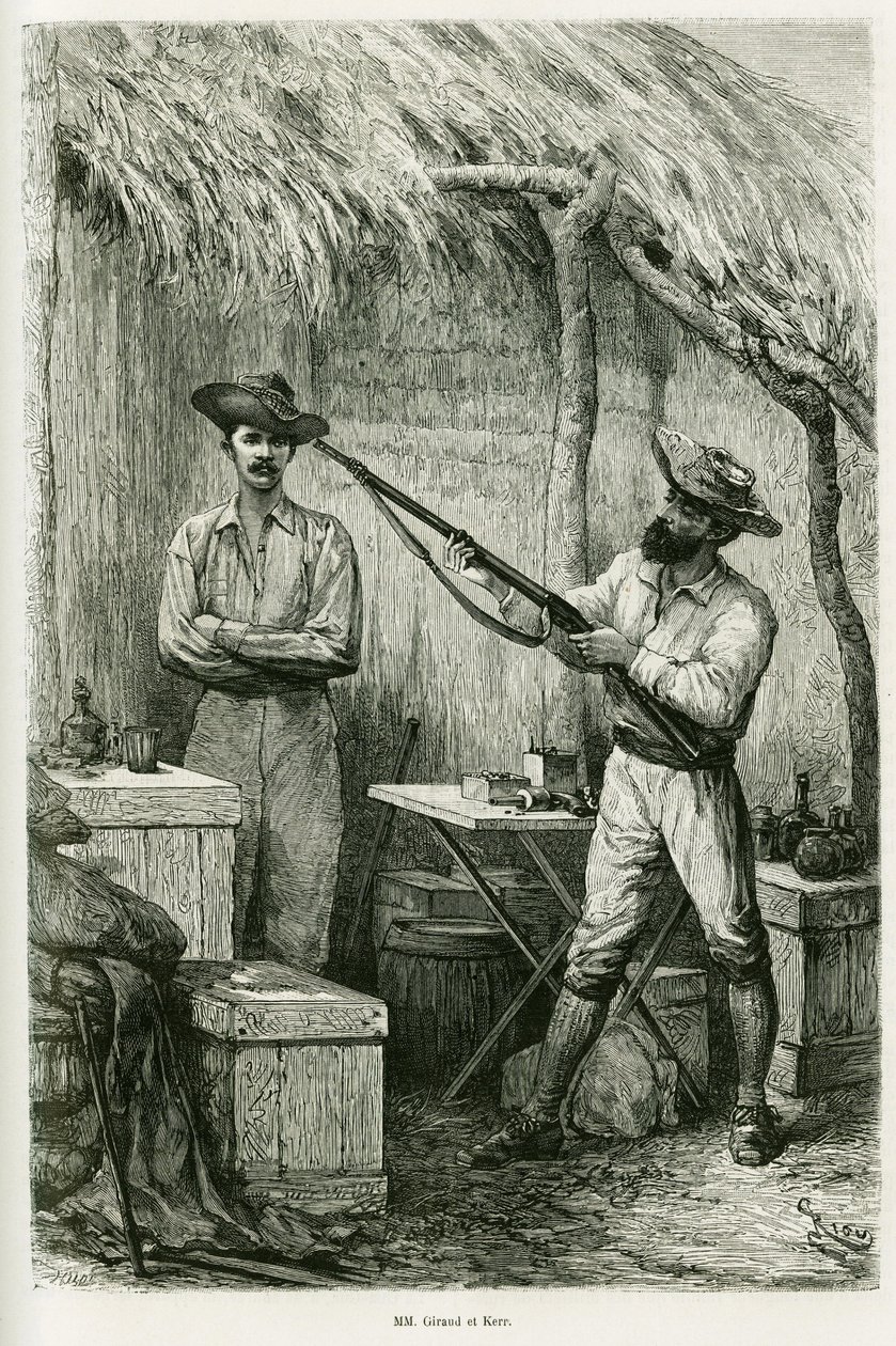 Portret autora Victora Girauda, chorążego statku i jego podróżnika, myśliwego Montagu Kerra. Grawerowanie wykonane przez Riou, aby zilustrować historię Les lacs de l