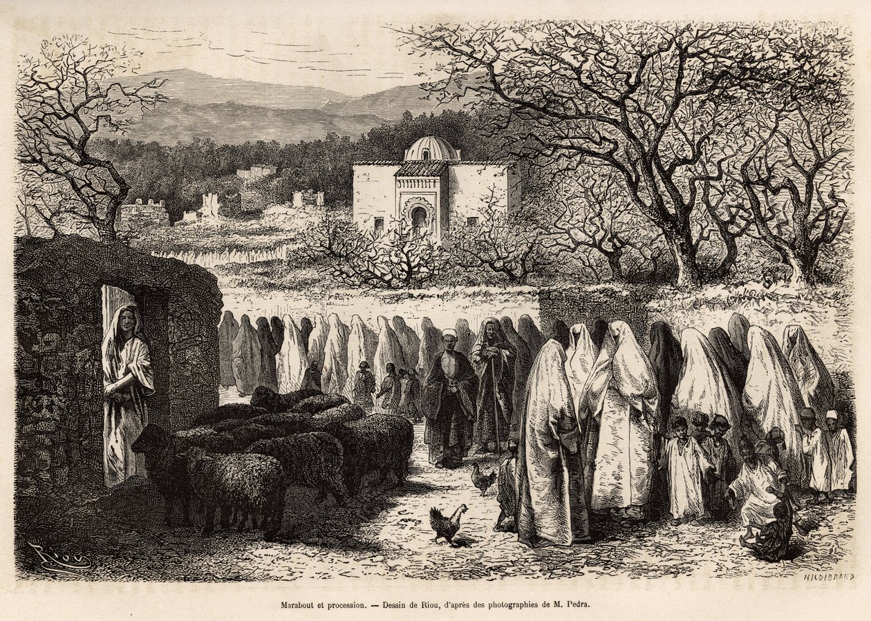 Procesja do Marabout de Tlemcen (grobowiec z kopułą mężczyzny w stylu islamu), wygrawerowany według rysunku E.Riou, ilustrującego podróż do Tlemcen (Algieria), autorstwa E. de Lorral, w 1875 r., opublikowany w „” Le tour du monde””” 1875, pod redakcją Edou autorstwa Edouard Riou