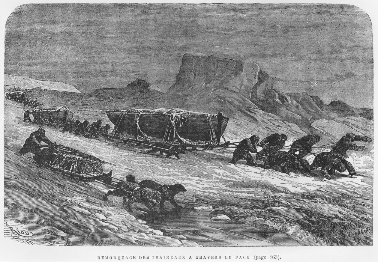 Przeciąganie sań przez lód, ilustracja z „Expedition du Tegetthoff” Juliusa Prayera (1841-1915) rytowana przez Henri Theophile Hildibrand (1824-97) autorstwa Edouard Riou