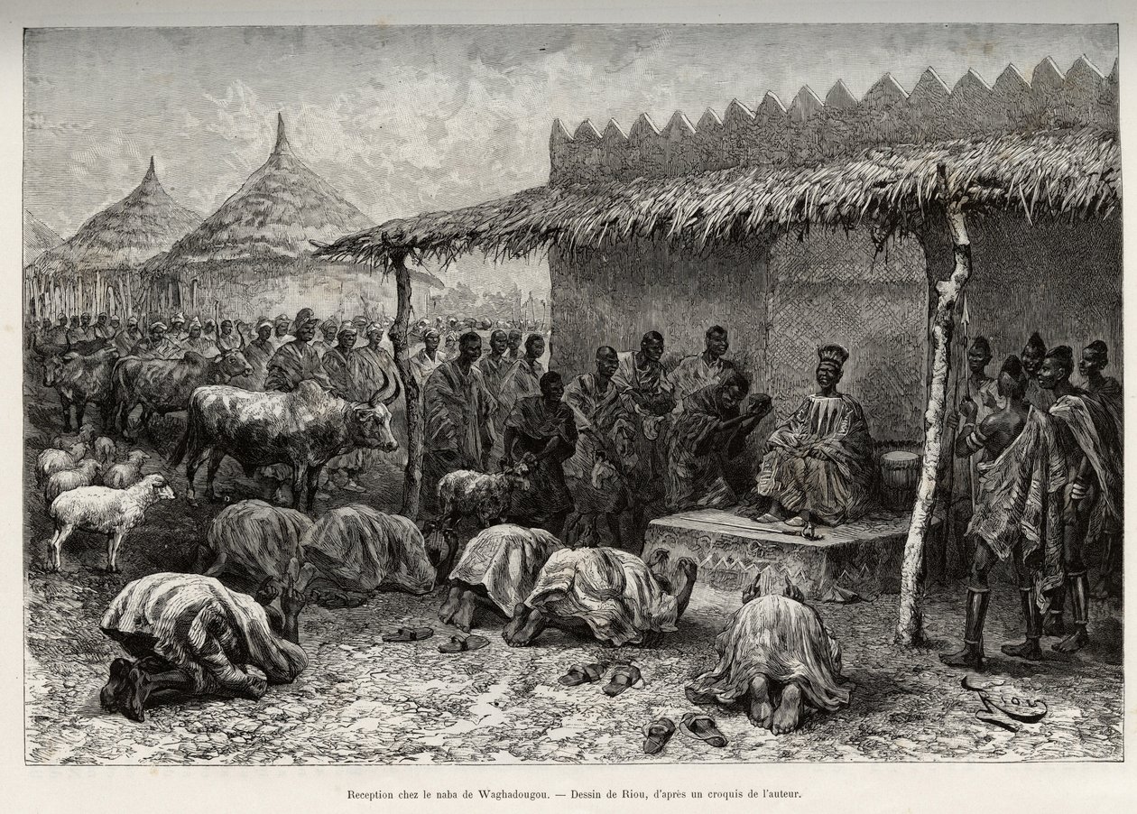 Przyjęcie w Naba Sanem, z królestwa Mossi (lub Mosse) Waghadougou (Ouagadougou, Burkina Faso). Grawerowanie autorstwa Riou, ilustrujące historię „Od Nigru do Zatoki Gwinejskiej” autorstwa kapitana Louisa Gustave