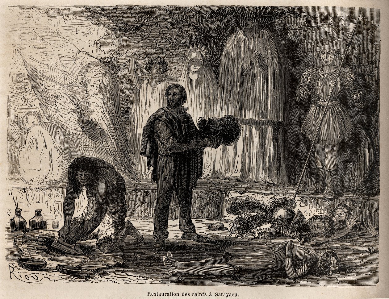 Restauracja posągów świętych w Sarayacu (Peru), rysunek Riou, ilustrujący podróż Paula Marcoya z Oceanu Spokojnego do Oceanu Atlantyckiego w latach 1848-1860. Rycina w „”Le tour du monde””, pod redakcją Edouarda Chartona autorstwa Edouard Riou