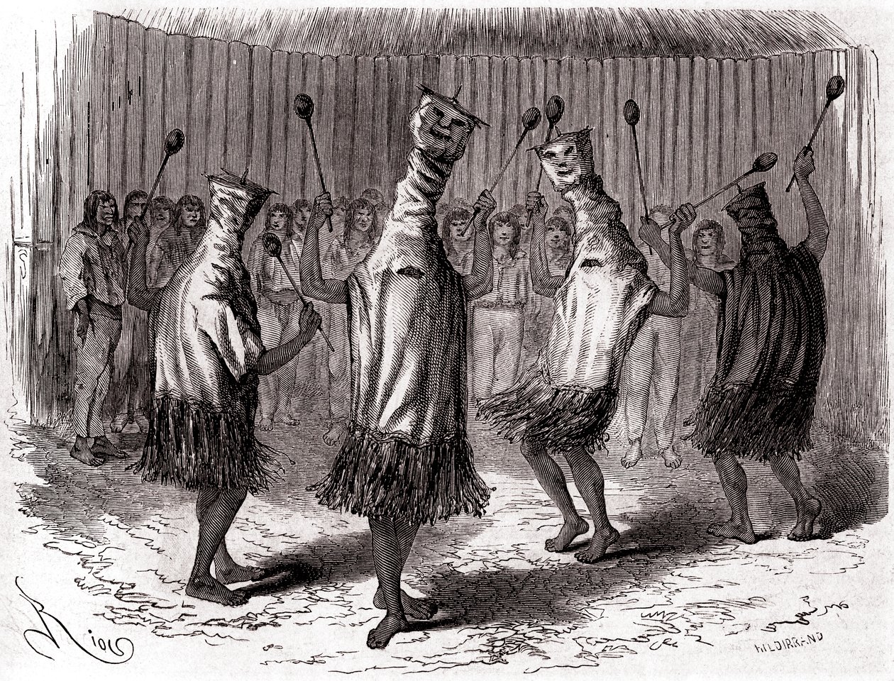 Rytualny taniec Indian Ticuna z Peru w przebraniach i maskach autorstwa Edouard Riou