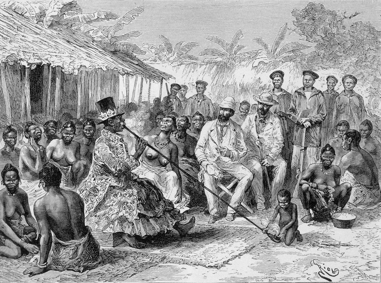 Savorgnan de Brazza palaver z Renoké, sołtysem Afryki Zachodniej - w „”Tour du Monde””, 2. tydzień 1887 autorstwa Edouard Riou