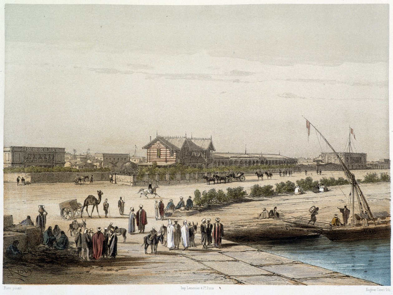Scena i widok kanału w „”Inauguracja Kanału Sueskiego przez G. Nicole. 1869 autorstwa Edouard Riou
