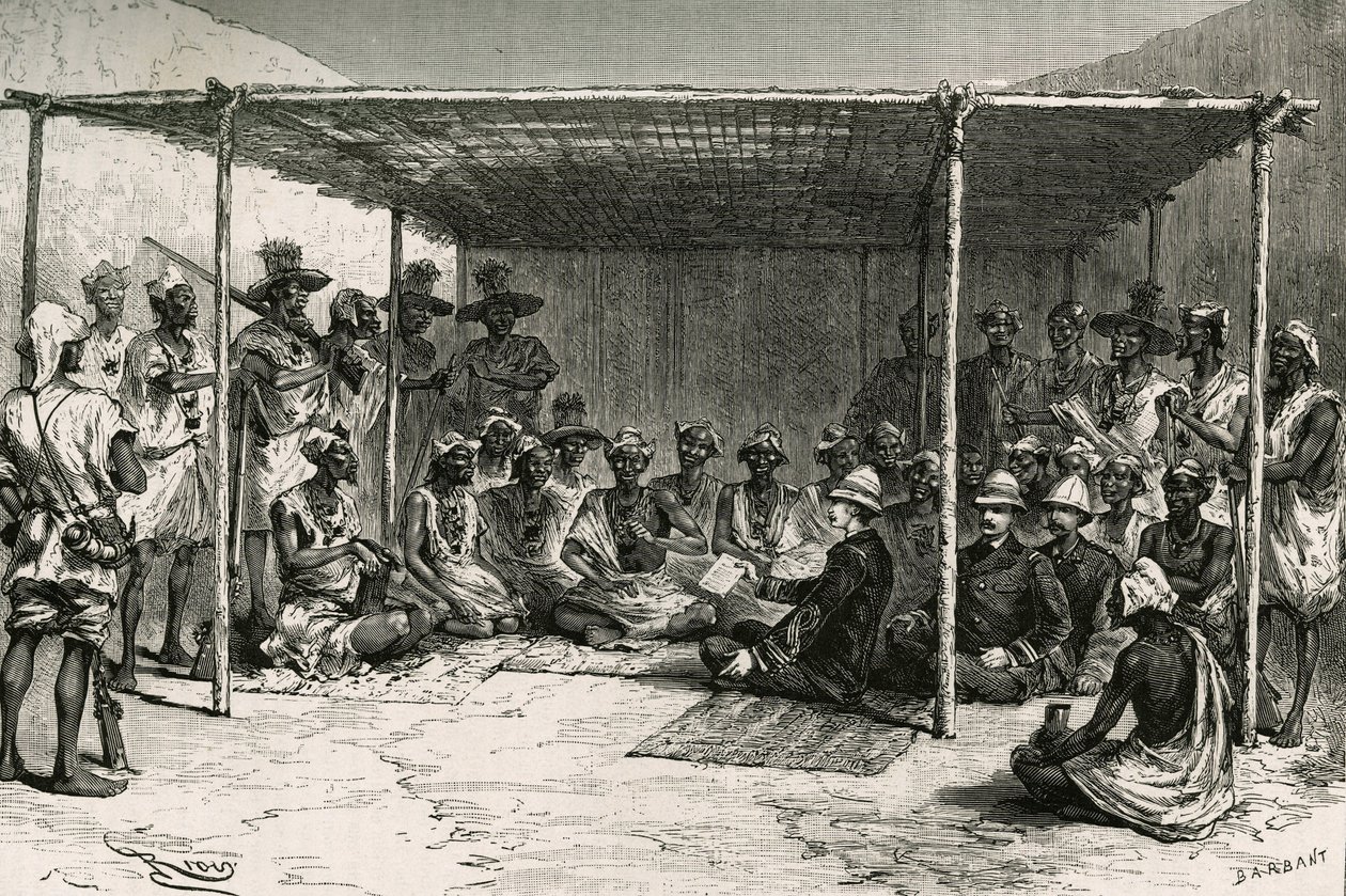 Podpisanie 25 kwietnia 1880 r. traktatu, który 25 kwietnia 1880 r. powierzył kraj Kita (dawny Sudan Francuski, dzisiejsze Mali) pod protektoratem Francji, między komandorem Josephem Gallienim (1849-1916) a Tokontanem Keitą. Grawerowanie przez Riou, na pods autorstwa Edouard Riou