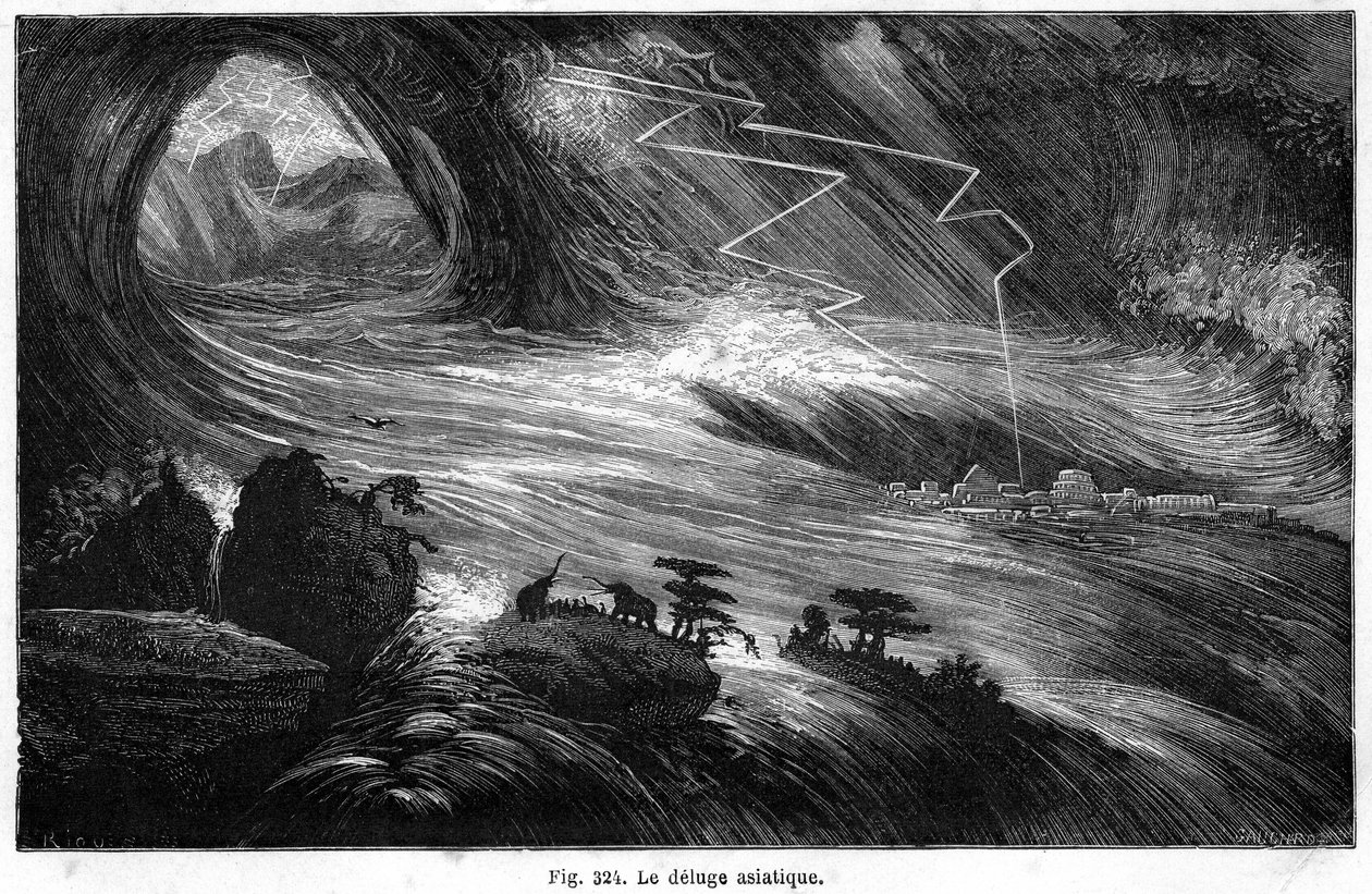 Potop azjatycki: katastrofa, która mogła zainspirować potop opisany w Biblii: z księgi Ludwika Figuiera „La Terre avant le deluge”, wydanie Hachette 1872 autorstwa Edouard Riou