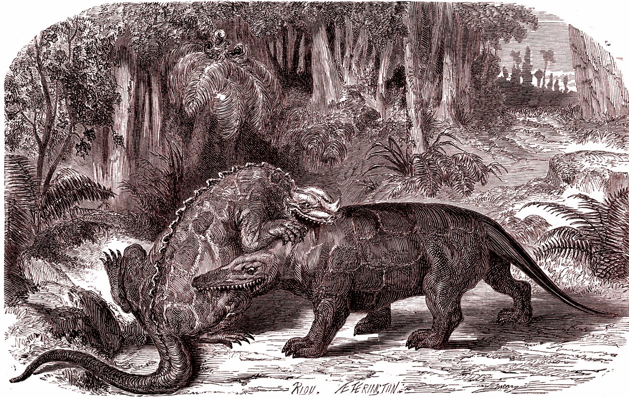 Iguanodon i megalozaur (rycina) autorstwa Edouard Riou