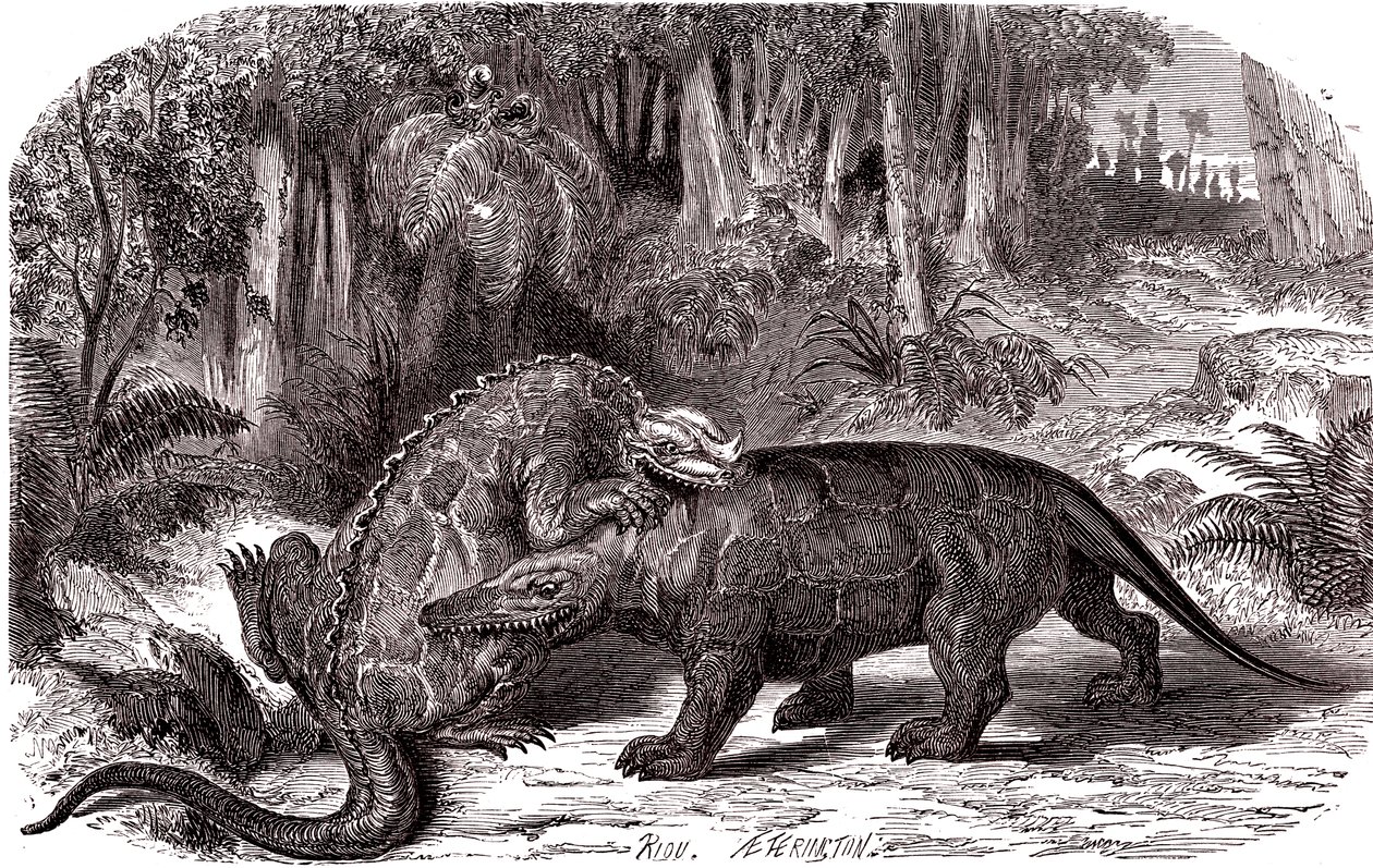 Iguanodon i megalozaur autorstwa Edouard Riou