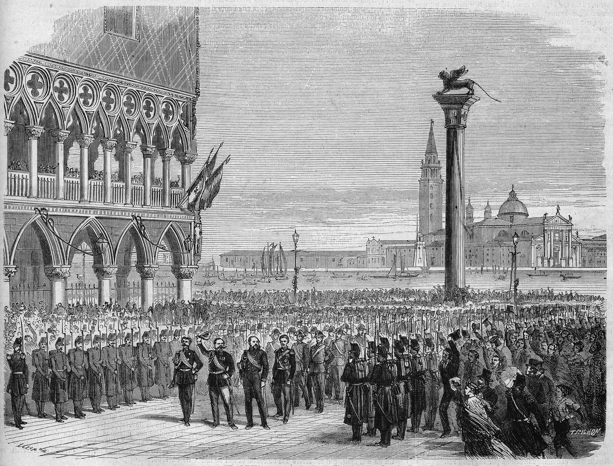 Król Włoch Wiktor Emanuel II (Wiktor Emanuel) (Vittorio Emanuele) w Wenecji na Placu Świętego Marka. Po klęsce Austriaków pod Sadową Wenecja została w 1866 r. odzyskana przez Królestwo Włoch. Rycina wg rysunku Crepon i Riou. W " autorstwa Edouard Riou