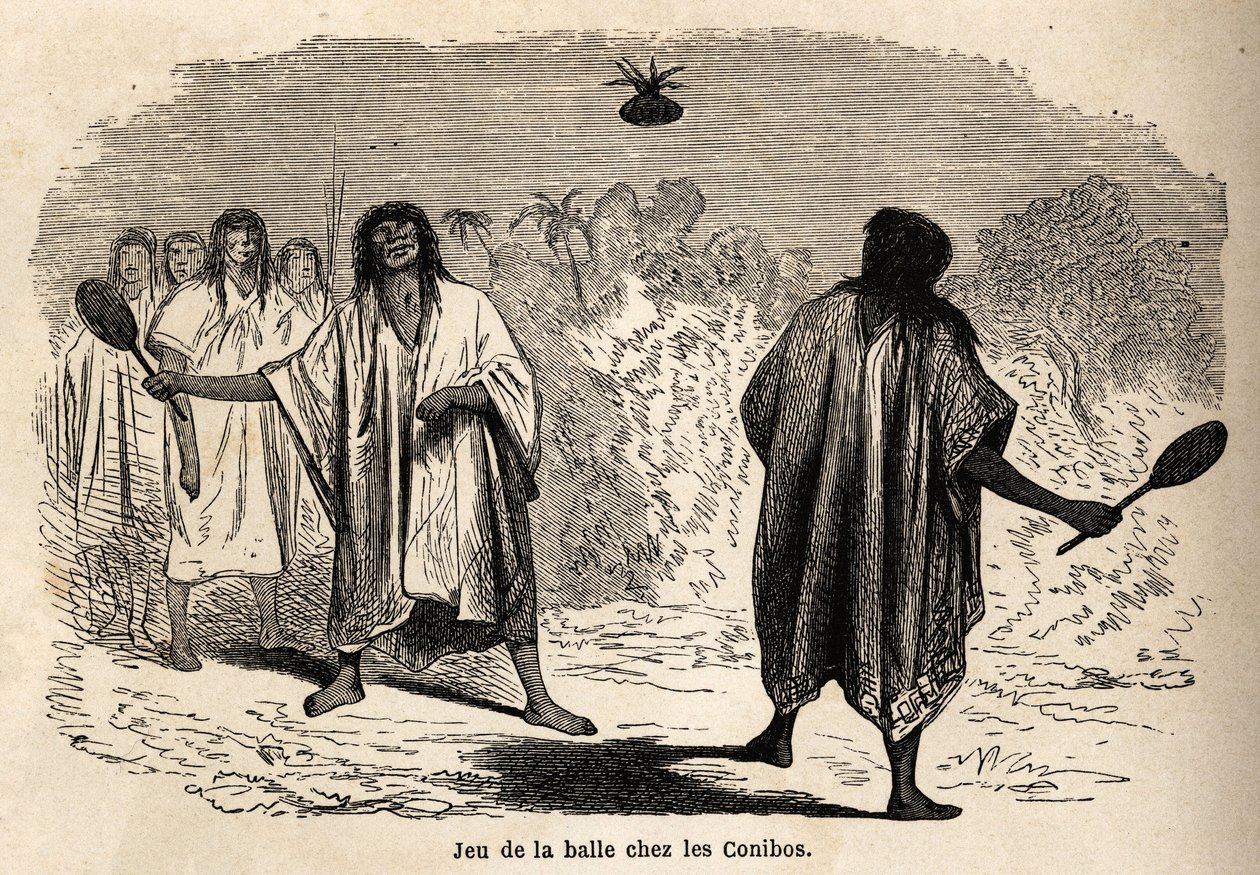 Gra w piłkę, wśród indyjskich conibos z Peru, narysowana przez Riou, aby zilustrować podróż P. Marcoya w latach 1848-1860 z Oceanu Spokojnego do Oceanu Atlantyckiego. Grawerowanie w „”Le tour du monde””, pod redakcją Edouarda Chartona autorstwa Edouard Riou