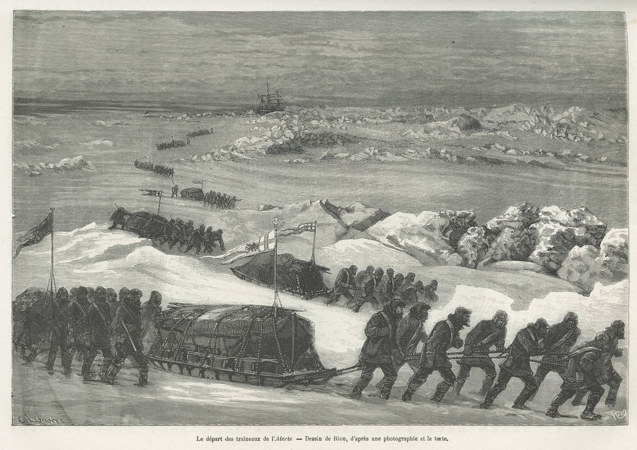 Wyjazd sań Alert, statku ekspedycji polarnej, rysowany przez Riou, aby zilustrować historię wyprawy na morze polarne w latach 1875-1876 przez kapitana G.S.Naresa. Grawerowanie w Le tour du monde autorstwa Edouard Riou