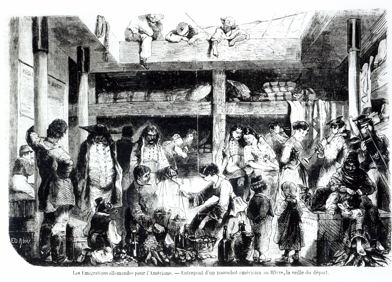 Przeddzień wypłynięcia do Ameryki - niemieccy emigranci wyruszający do USA w stoczni amerykańskiego liniowca w porcie Le Havre, ok. 1850 r. autorstwa Edouard Riou