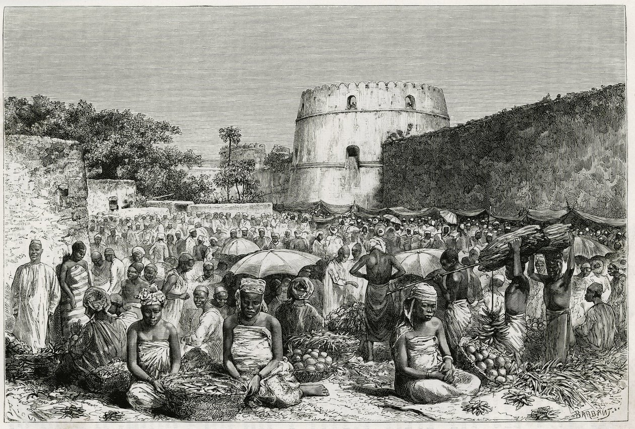 Targ owocowy Zanzibaru (Tanzania). Grawerowanie wykonane przez Riou, aby zilustrować historię „Podróż do Benadir, Omalis i Bajoun””, w latach 1882-1883, autorstwa M.G.Revoil. Opublikowano w Le Tour du monde, nouveau journal des voyages autorstwa Edouard Riou