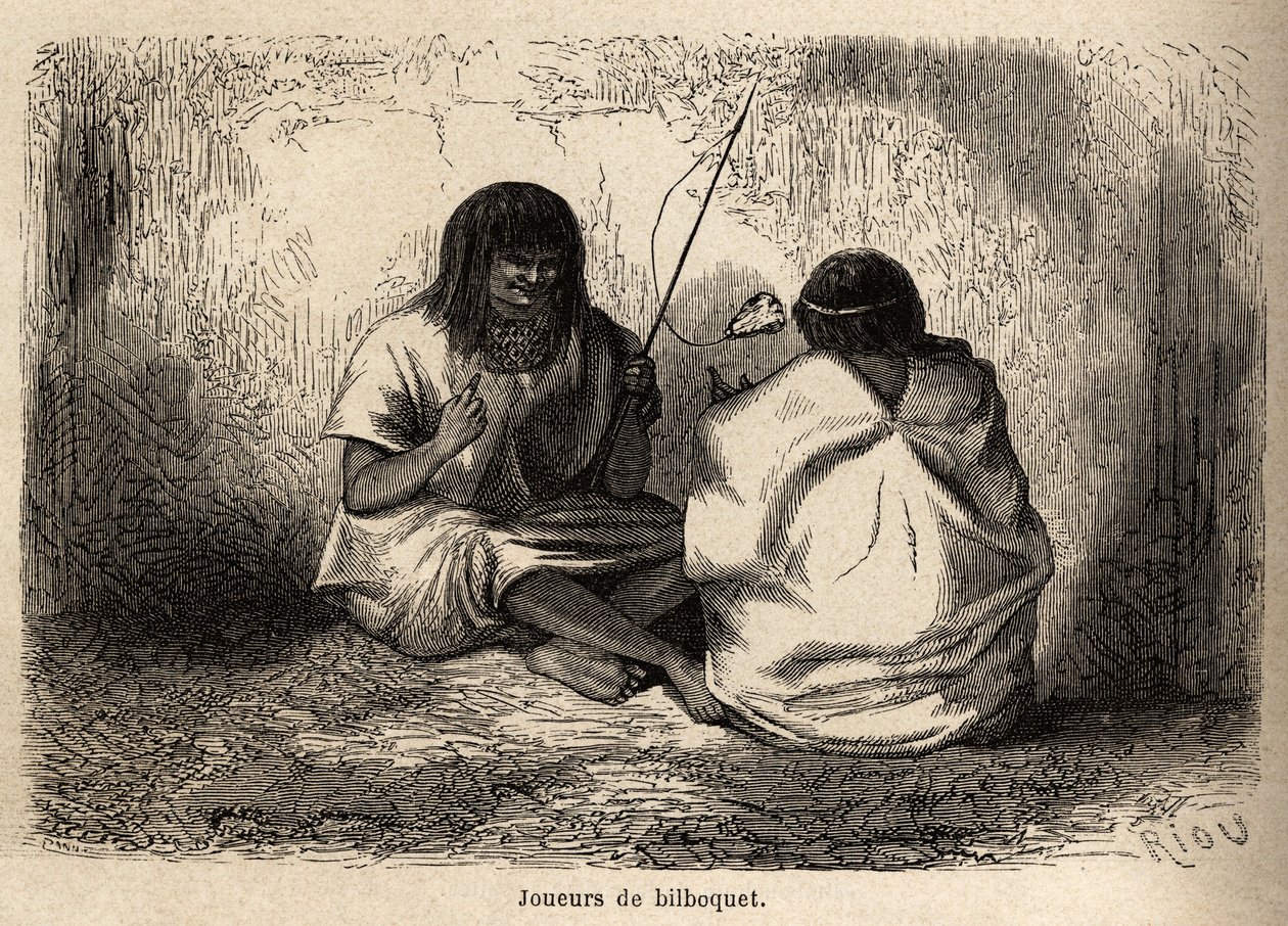Gra w bilboquet, z głową żółwia, wśród Indian Conibos z Peru, rysowana przez Riou, aby zilustrować podróż P. Marcoya w latach 1848-1860 z Oceanu Spokojnego do Oceanu Atlantyckiego. Grawerowanie w „”Le tour du monde””, pod redakcją Edoua autorstwa Edouard Riou