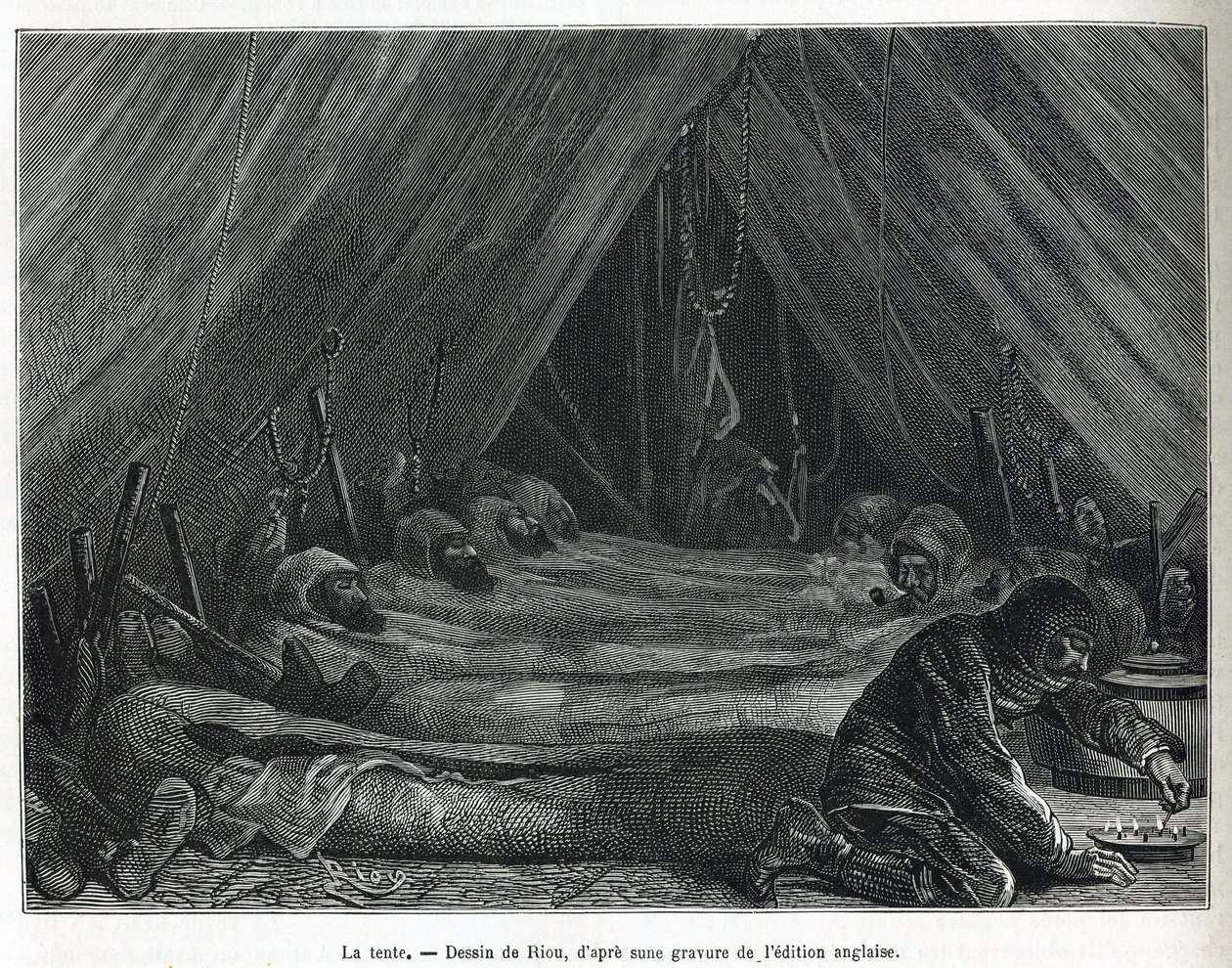 Wnętrze namiotu na krze, rysunek Riou, ilustrujący historię wyprawy na morze polarne w latach 1875-1876 przez kapitana G.SNaresa (1831-1915). Grawerowanie w Le tour du monde autorstwa Edouard Riou
