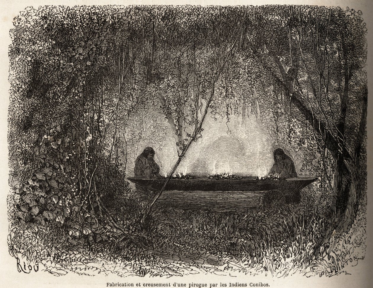 Wyprodukowanie czółna, ewakuowanego przez ogień przez Indian Conibo z Peru, narysowane przez Riou, aby zilustrować podróż P. Marcoya w latach 1848-1860 z Oceanu Spokojnego do Oceanu Atlantyckiego. Grawerowanie w „Le tour du monde””, pod redakcją Edouarda C autorstwa Edouard Riou