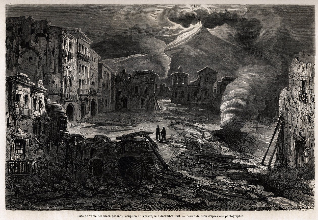 Plac Torre del Greco, podczas erupcji Vesuve, 8 grudnia 1861, rysunek Riou, ilustrujący spacery po Neapolu autorstwa Marca Monniera, w 1862. Grawer w „”Le tour du monde””, pod redakcją Edouarda Chartona autorstwa Edouard Riou